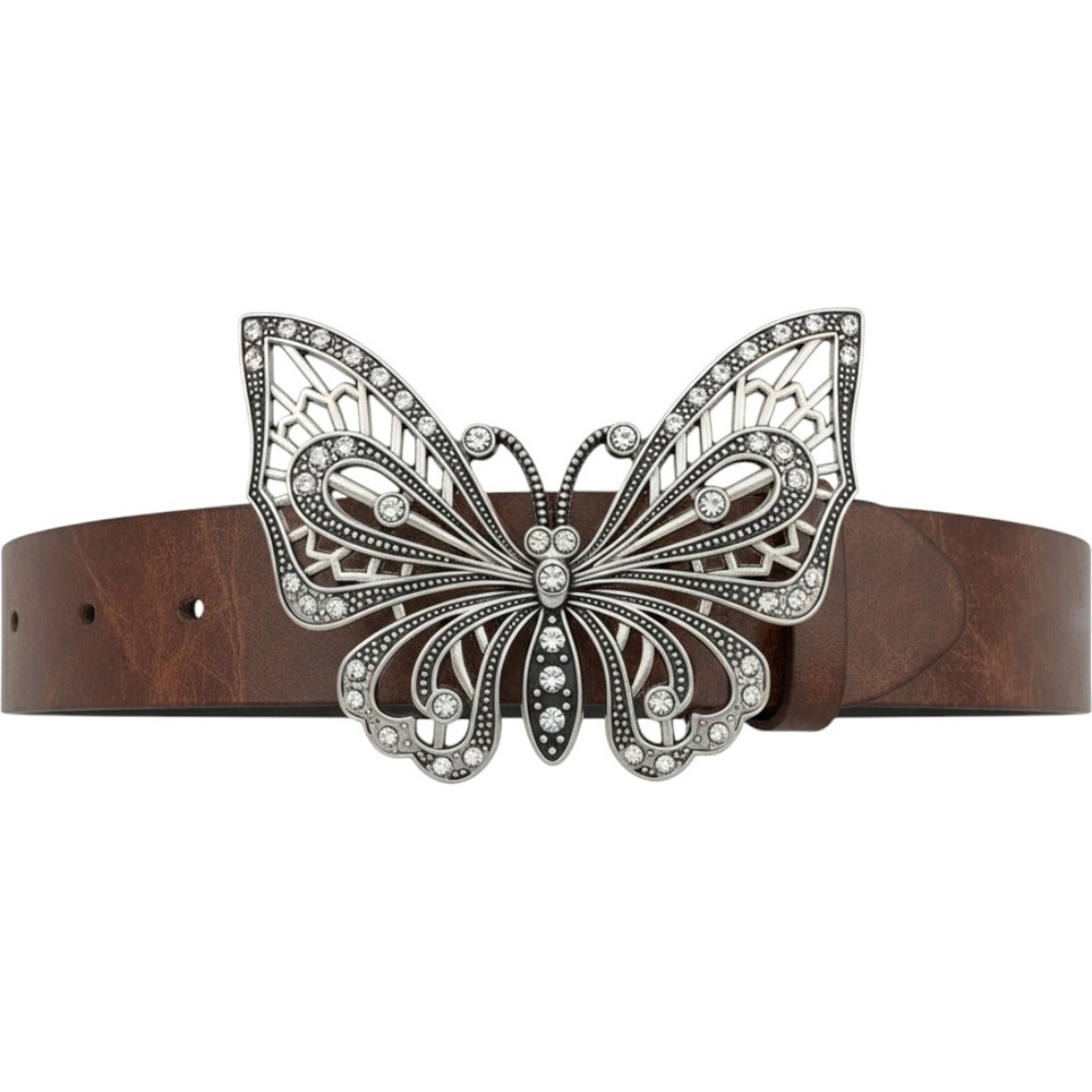 Womens Brown Faux Leather Belt 37.5 Rhinestone Butterfly Buckle Y2K Boho